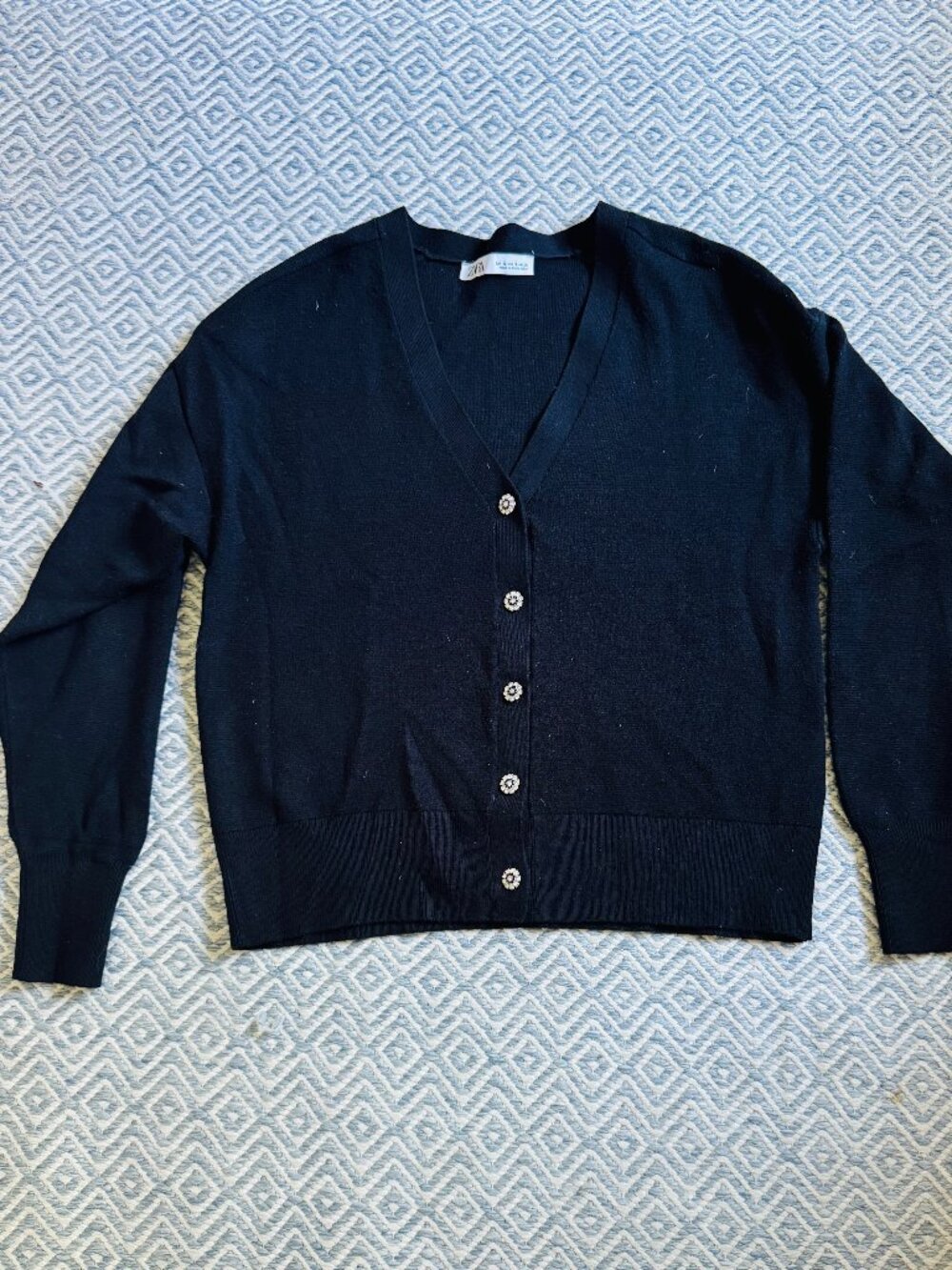 Zara Black V-Neck Cardigan Sweater with Rhinestone Button Detail - Sz S